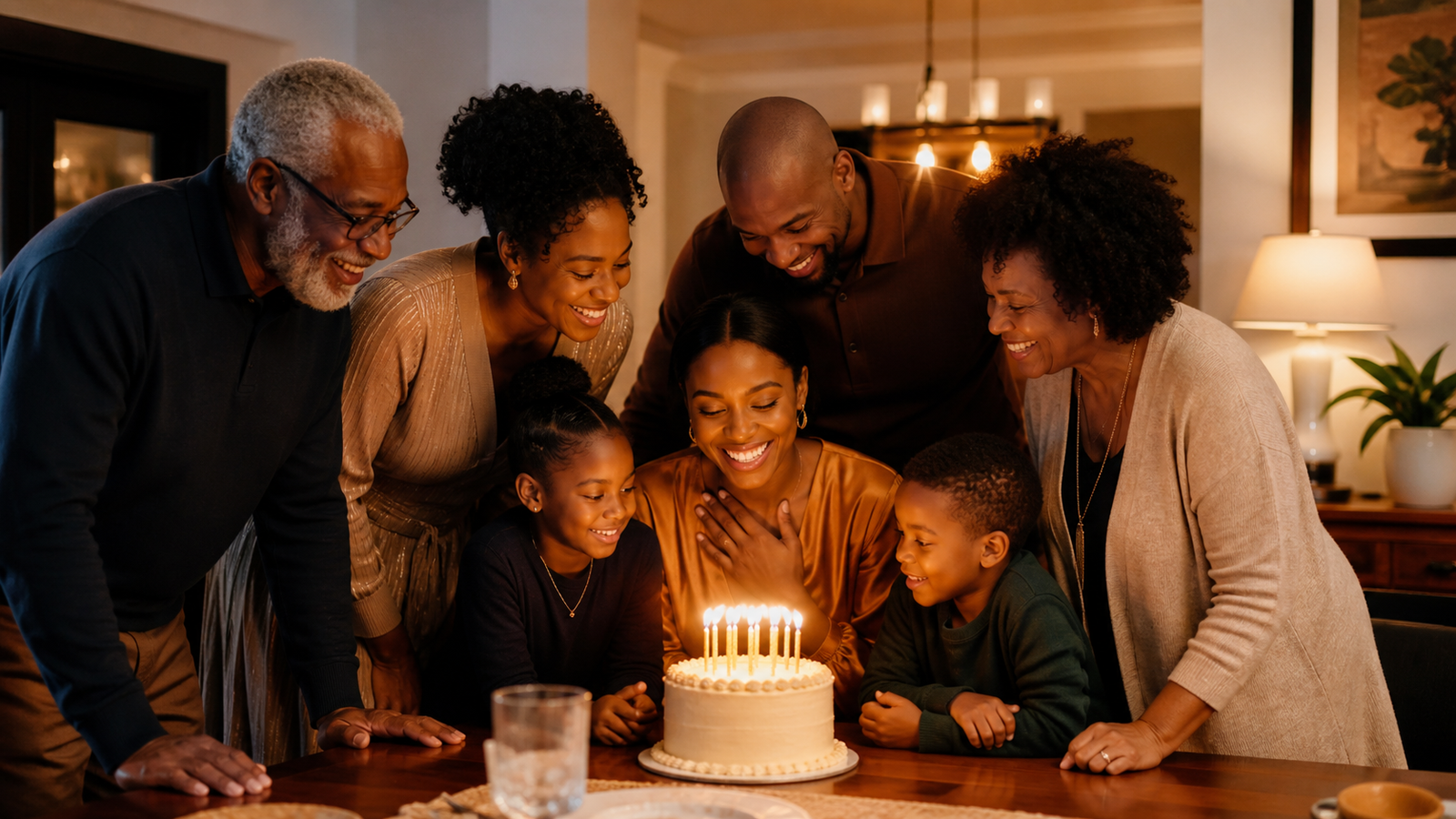 A family gathered around a birthday cake