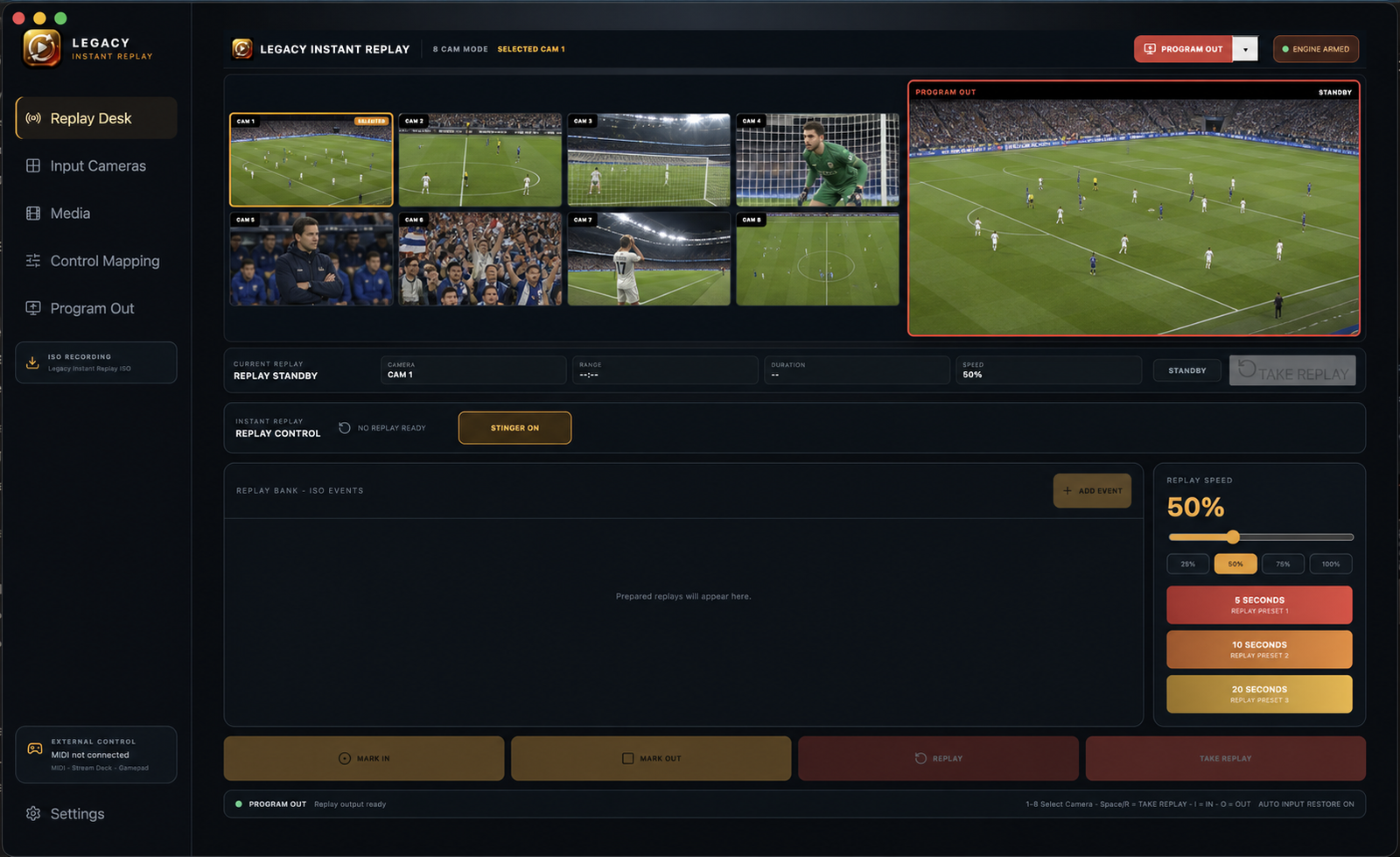 Legacy Instant Replay multi-camera interface with populated replay bank