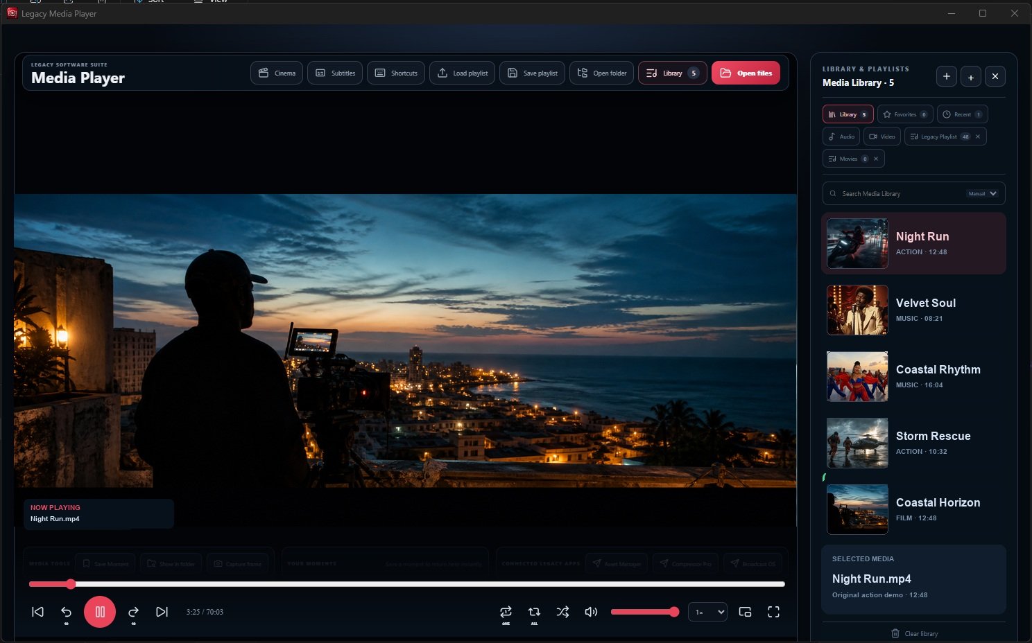 Legacy Media Player playing an original cinematic coastal production scene with its media library open